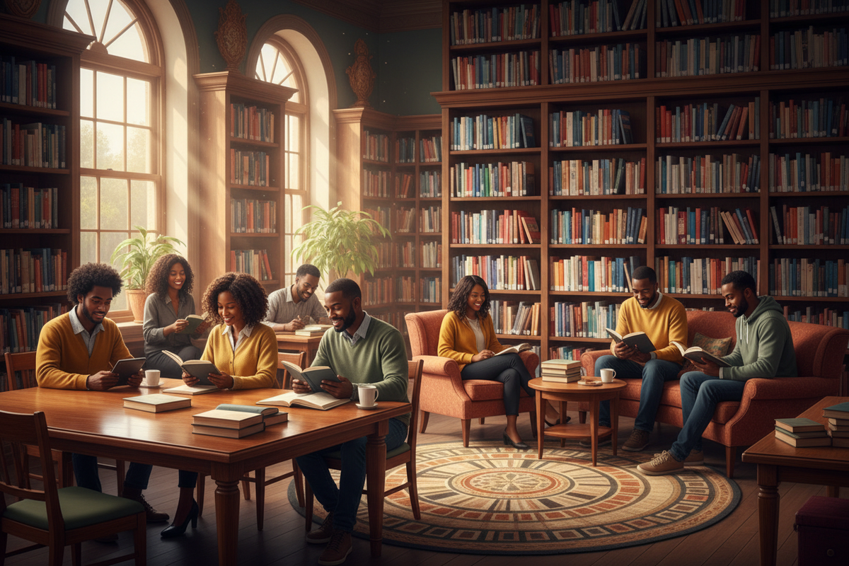 a library setting with people of color (mostly Black people; both male and female) sitting at tables reading and/or engaging with one another. bookshelves filled with books are visible. 